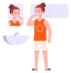 Girl washing teeth in bathroom. Kid daily routine