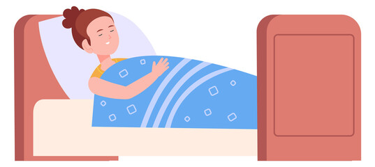 Child resting in bed. Cute sleeping girl character
