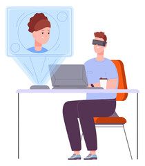 Fototapeta na wymiar Virtual work meeting. Man in headset. Augmented reality