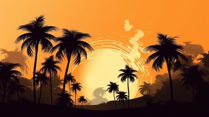 Sunset with palm trees, beach, nature, illustration, vector