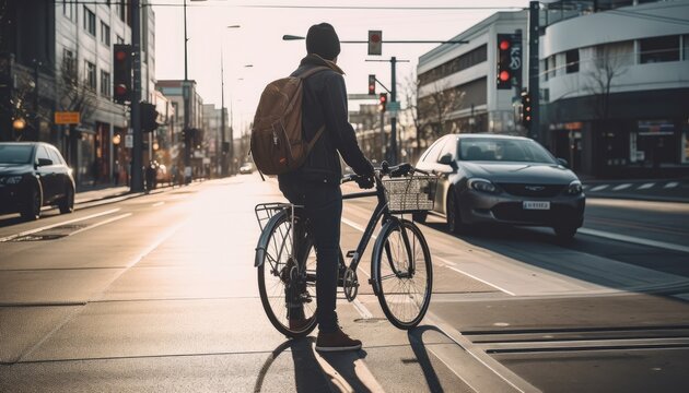 A person using bike to work, reducing their carbon footprint and promoting eco-friendly commuting. Generative AI