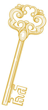 Golden ancient key icon. Ornate vintage style drawing