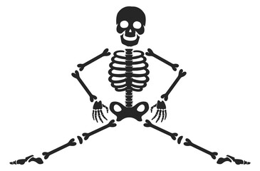 Skeleton doing exercise. Stretching bone mascot silhouette