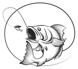Fishing logo. Hand drawn fish catching on rod tackle