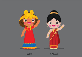 Cuba girls in national dress. Set of Brunei  woman dressed in national clothes. Vector flat illustration.