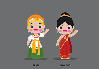 Obraz na płótnie Canvas Brazil girls in national dress. Set of Brunei woman dressed in national clothes. Vector flat illustration.