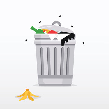 Garbage can full of overflowing trash. Flat design vector illustration. Stock illustration. 