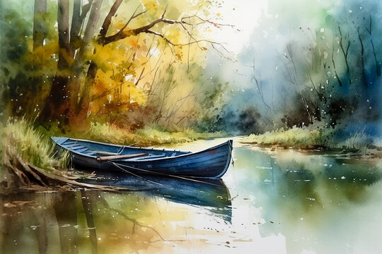 Watercolor Rowboat. Generative AI.
A digital watercolor painting of a rowboat in a river.