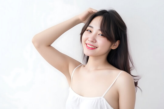 Portrait of Cute Asian Woman, She raises her arm to show her Smooth armpit skin and looks at the camera on a White background in Studio light. generative AI. generative AI