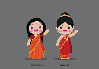 Bangladesh girls in national dress. Set of Brunei  woman dressed in national clothes. Vector flat illustration.