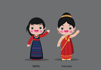 Nepal girls in national dress. Set of Brunei  woman dressed in national clothes. Vector flat illustration.