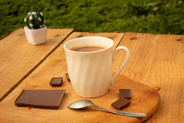A mug of hot chocolate on a wooden table outside. In the background is an ornamental plant. Copy text for chocolate day. Vintage style and rural atmosphere.