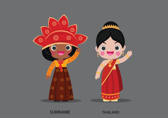 Suriname girls in national dress. Set of Brunei  woman dressed in national clothes. Vector flat illustration.