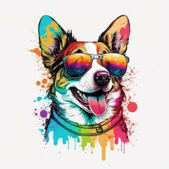 A colorful happy dog with rainbow colored sunglasses isolated on white background. T-shirt design. Generate AI
