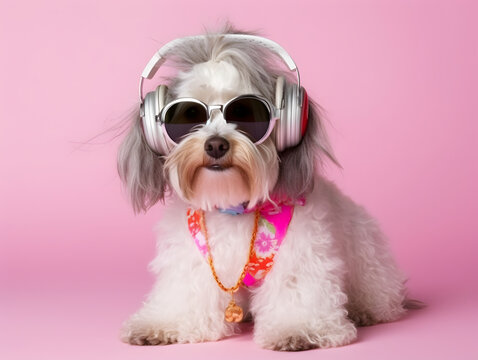 Havanese dog with headphone, wearing eyeglasses.