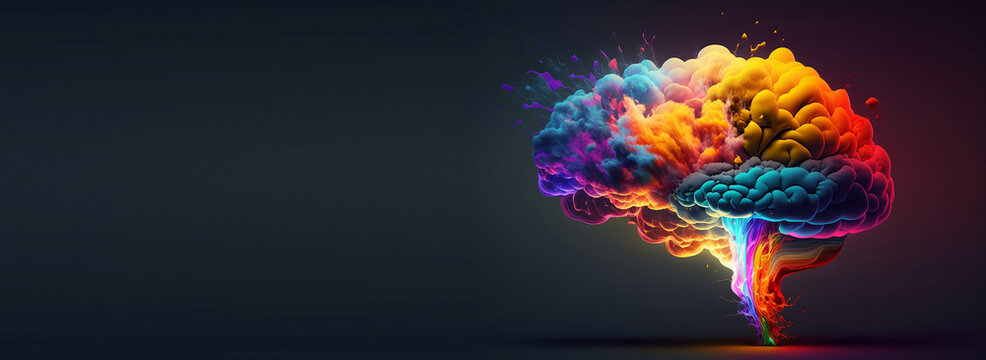 Virtual brain with bright explosion isolated on black banner. Brainstorm concept. Place for text. Generative AI