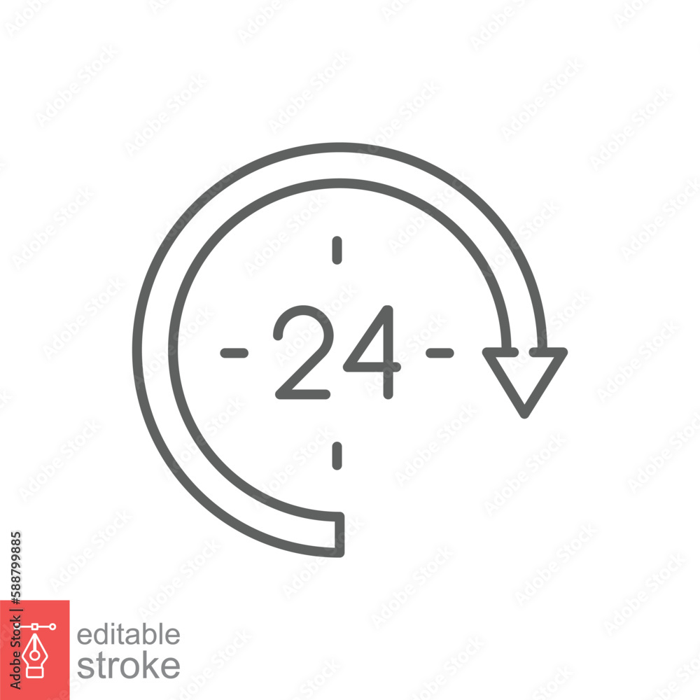 Poster 24 hour icon. around the clock work service or support, always available concept. simple outline sty
