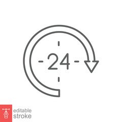 24 hour icon. Around the clock work service or support, always available concept. Simple outline style. Thin line symbol. Vector illustration isolated on white background. Editable stroke EPS 10.