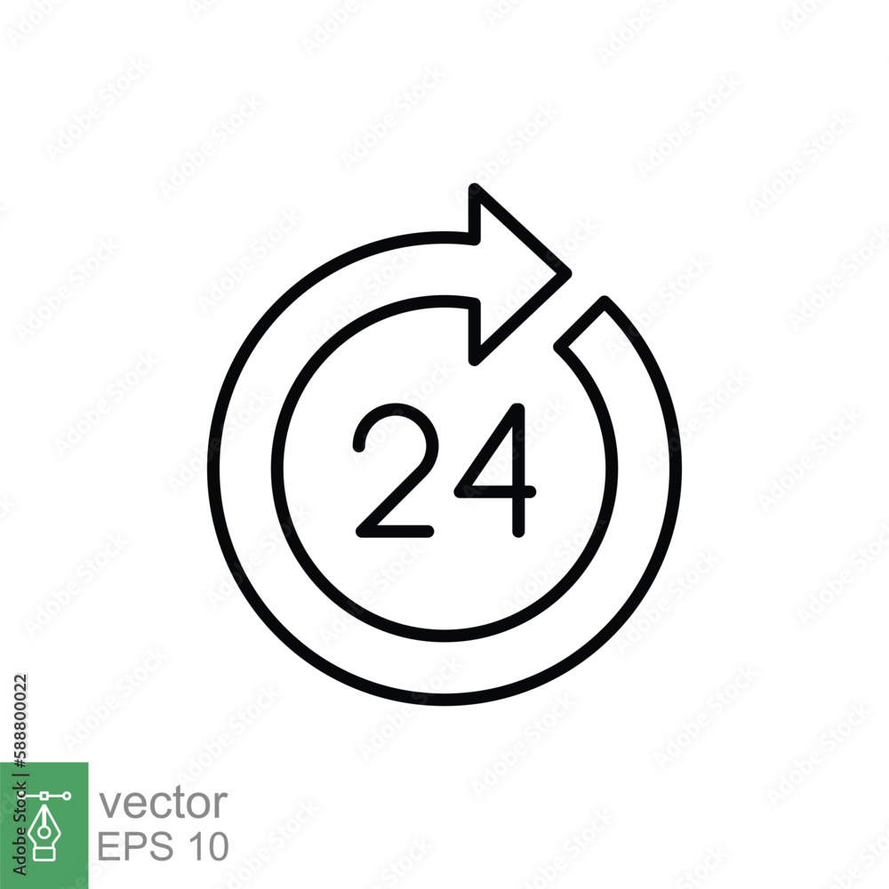 Poster 24 hour icon. around the clock work service or support, always available concept. simple outline sty