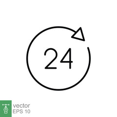 24 hour icon. Around the clock work service or support, always available concept. Simple outline style. Thin line symbol. Vector illustration isolated on white background. EPS 10.