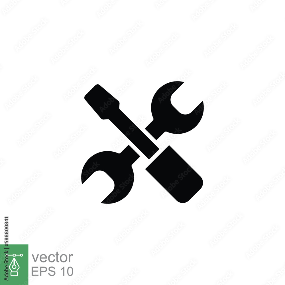 Wall mural Maintenance icon. Wrench and screwdriver crossed construction tools, fix, repair concept. Simple solid style. Black silhouette, glyph symbol. Vector illustration isolated on white background. EPS 10.