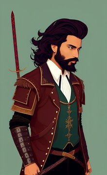 Homem com roupas medievais, uma barba cheia e cabelo preto comprido