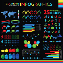 Colorful infographics set on black background and icons set.