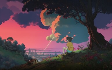 Fototapeta premium The boy on the cliff. The Anime Art Revolution. Generative AI