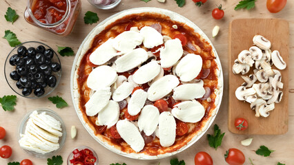 Recipe for making delicious Italian pizza with vegetables and mozzarella, flat lay, home cooking