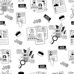 Business and work seamless pattern. Resumes of applicants, questionnaires and documents on white background. Vector illustration. Linear hand drawn doodle style. © Ludmila