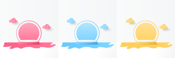 Set of podium for Product display presentation. Podium platform to show product with pink, yellow and blue background