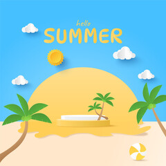 Fototapeta na wymiar Summer time background. Podium platform to show product with yellow circle background. Tropical nature beach in summer with coconut tree