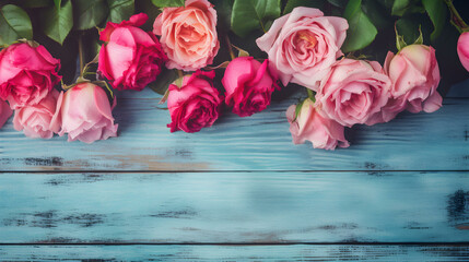 Fototapeta na wymiar Pink Roses on Blue Wooden Planks for Girl's Party Background