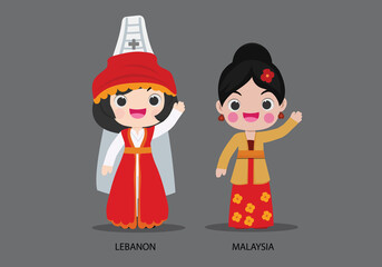 Lebanon and Malaysia in national dress vector illustrationa