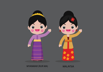 Myanmar and Malaysia in national dress vector illustrationa