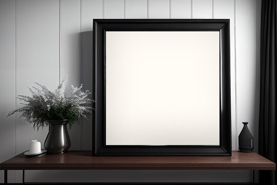 Mockup of square black frame on a table in classic interior