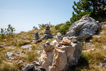 Fototapeta na wymiar Biokovo mountain, a karst landscape with pinewood and srubland located behind the Dalmatian coast of the Adriatic Sea, the so-called Makarska Riviera in Croatia.