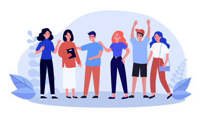 Young people standing side by side vector illustration. Group of happy friends talking, hugging, supporting each other. Friendship, love, healthy relationship, equality, community concept