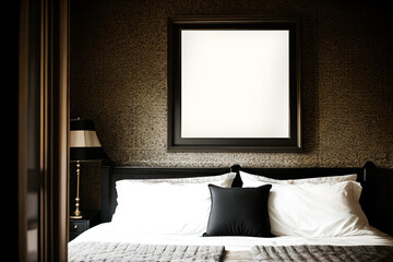 Mockup of square black frame with bed in dark classic interior