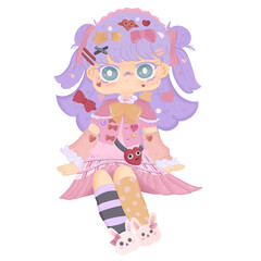 a sweet girl looks like a doll with harajuku pink dress