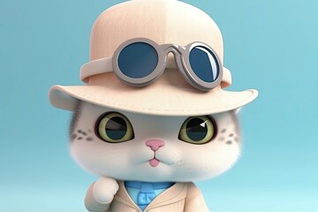 3D cartoon portrait of cute baby cat detective wear hat. Generative AI