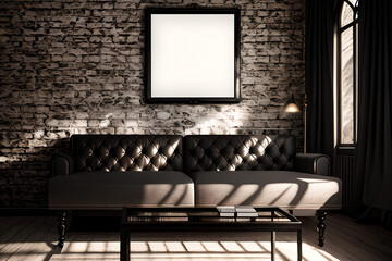 Mockup of square black frame with sofa in dark classic interior