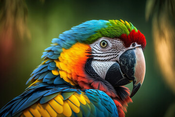 Colorful exotic jungle macaw parrot. Beautiful tropical rainforest wild and vivid vibrant colored bird close up macro. Ai generated - obrazy, fototapety, plakaty