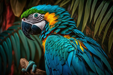 Fototapeta premium Colorful exotic jungle macaw parrot. Beautiful tropical rainforest wild and vivid vibrant colored bird close up macro. Ai generated