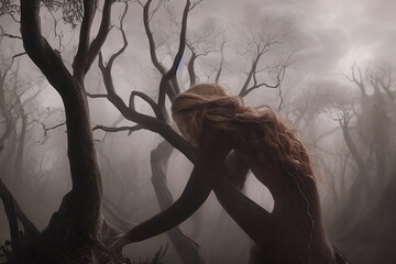 Illustration of depression. Concept of mental health awareness. A person in the forest. Generative AI