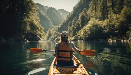 Fototapeta A person enjoying an eco-friendly activity, such as kayaking or hiking, with a focus on the importance of preserving natural habitats. Generative AI obraz