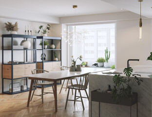 Beautiful kitchen with Dining table 3D Rendering.