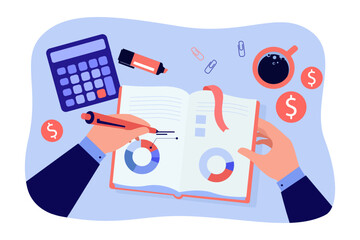 Hands writing in notebook vector illustration. Businessman analyzing finances, managing personal budget at desk with coffee and calculator. Personal finance, deposit growth concept