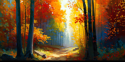 Vibrant Autumn Forest Scene Impression Generative AI