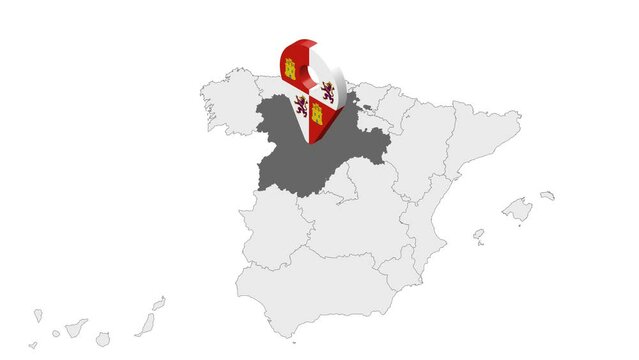 Location Castile and Leon on map Spain. 3d Castile and Leon flag map marker location pin. Map of Spain showing different parts. Animated map Autonomous communities of Spain. 4K.  Video